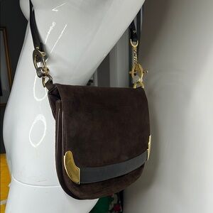 Susan Gail Brown Chocolate Suede and Leather Goldtone Hardware Shoulder Bag